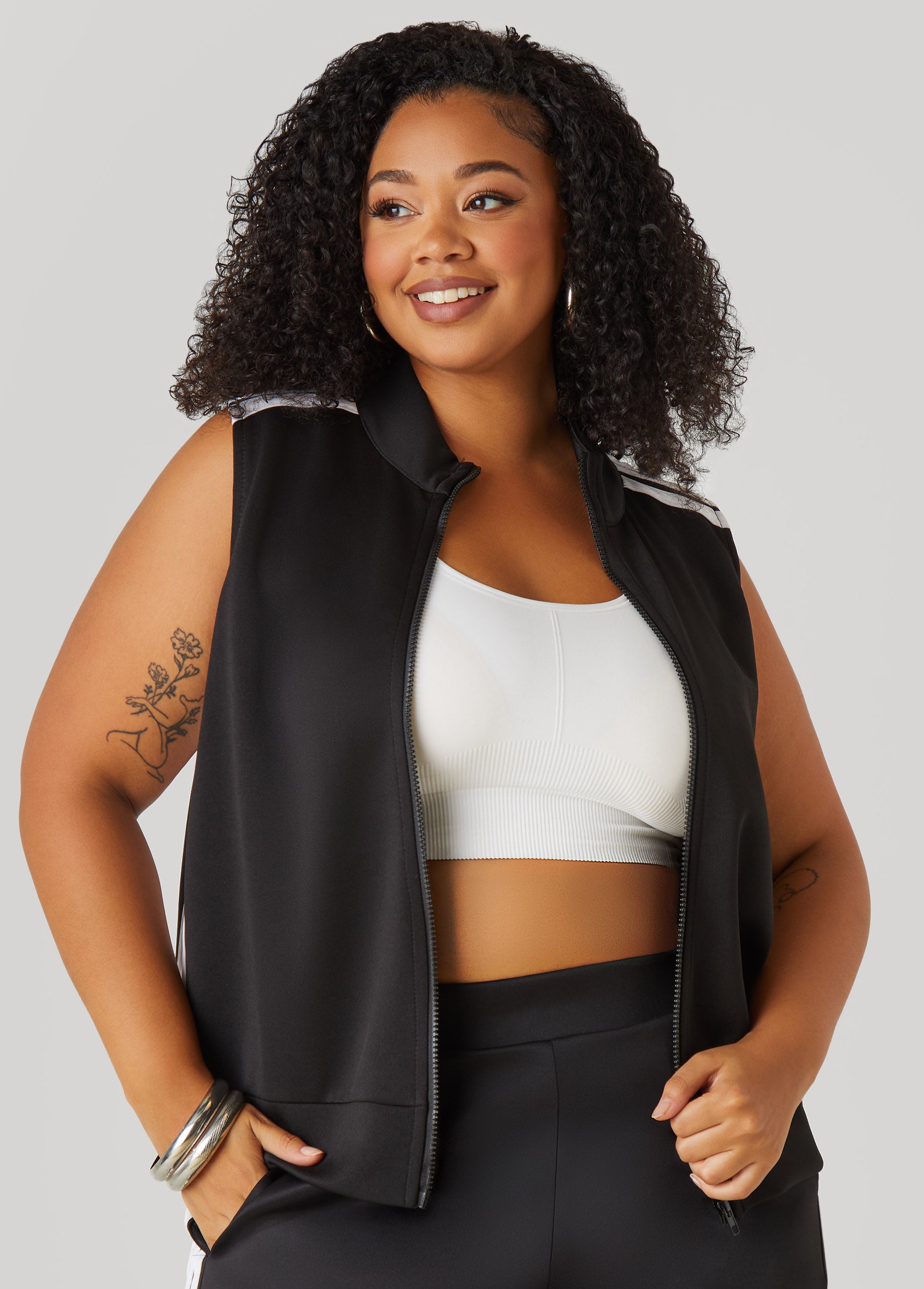 Plus Size Striped Track Vest, Black White, 34/36 - Ashley Stewart