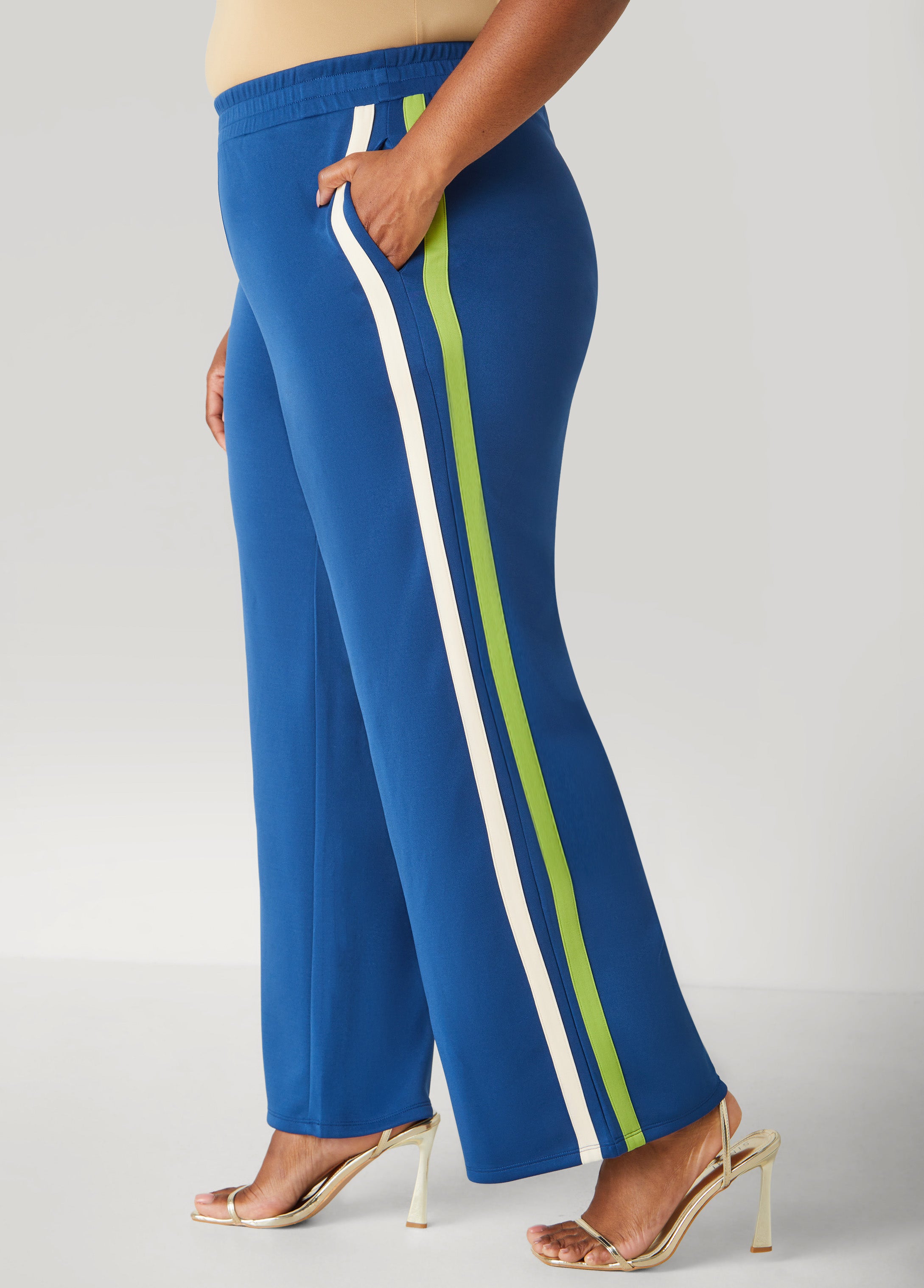Plus Size Striped Trimmed Wide Leg Pants, Peacoat, 10/12 - Ashley Stewart