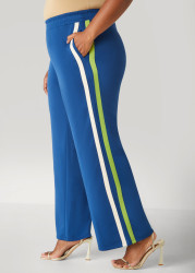 Plus Size Striped Trimmed Wide Leg Pants, Peacoat, 10/12 - Ashley Stewart