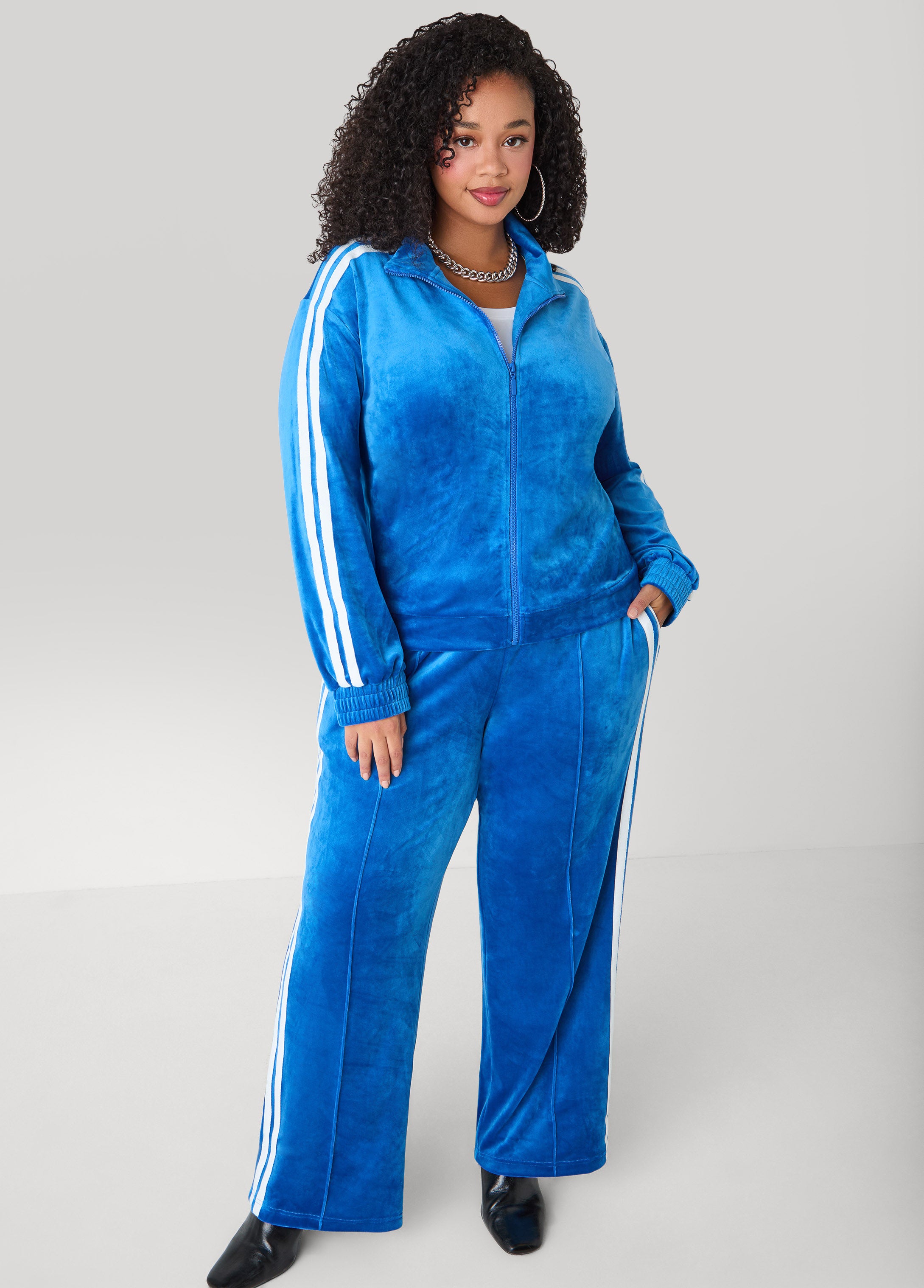Plus Size Striped Velour Track Pants, Nautical Blue, 18/20 - Ashley Stewart