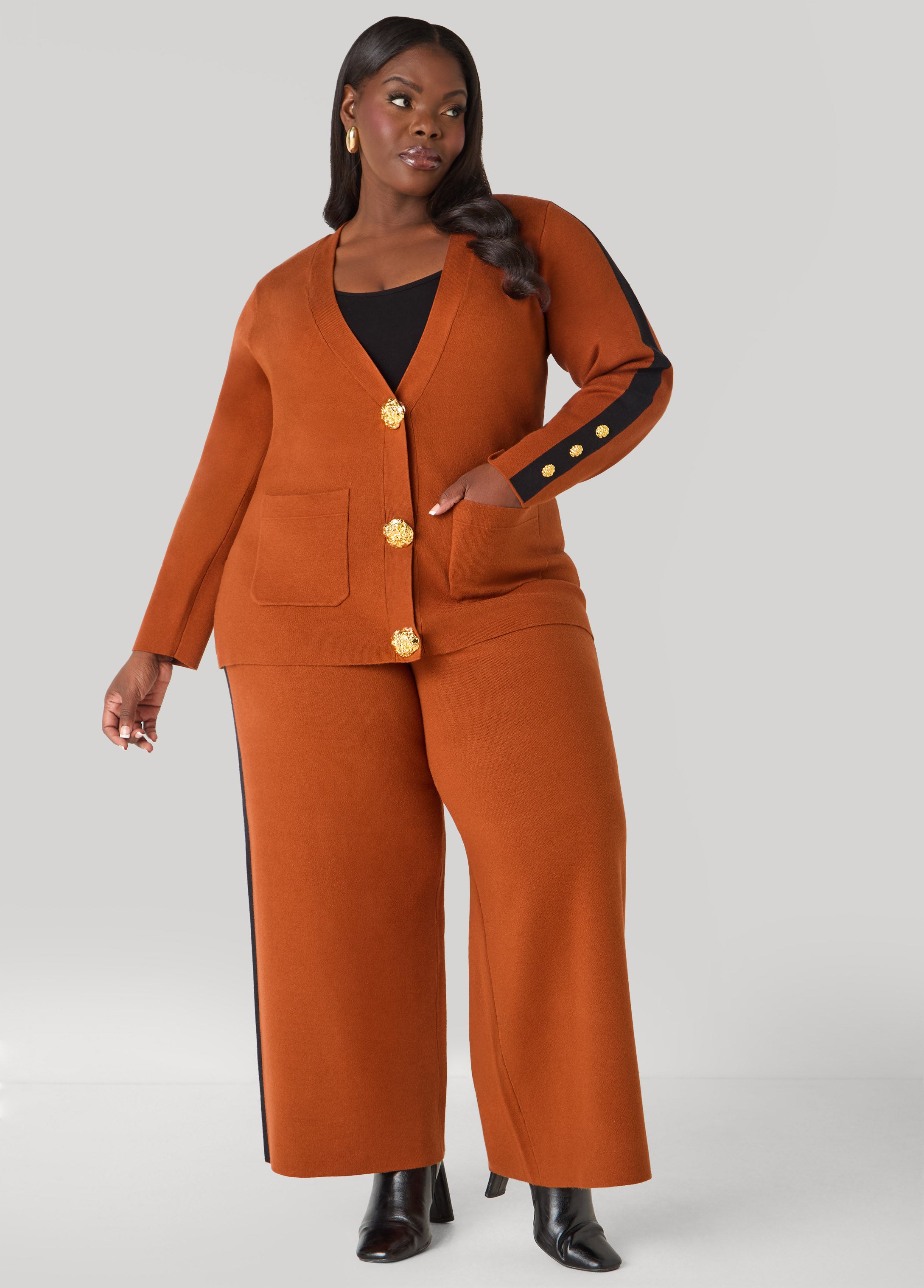 Plus Size Striped Wide Leg Knit Pants, Caramel Cafe, 22/24 - Ashley Stewart