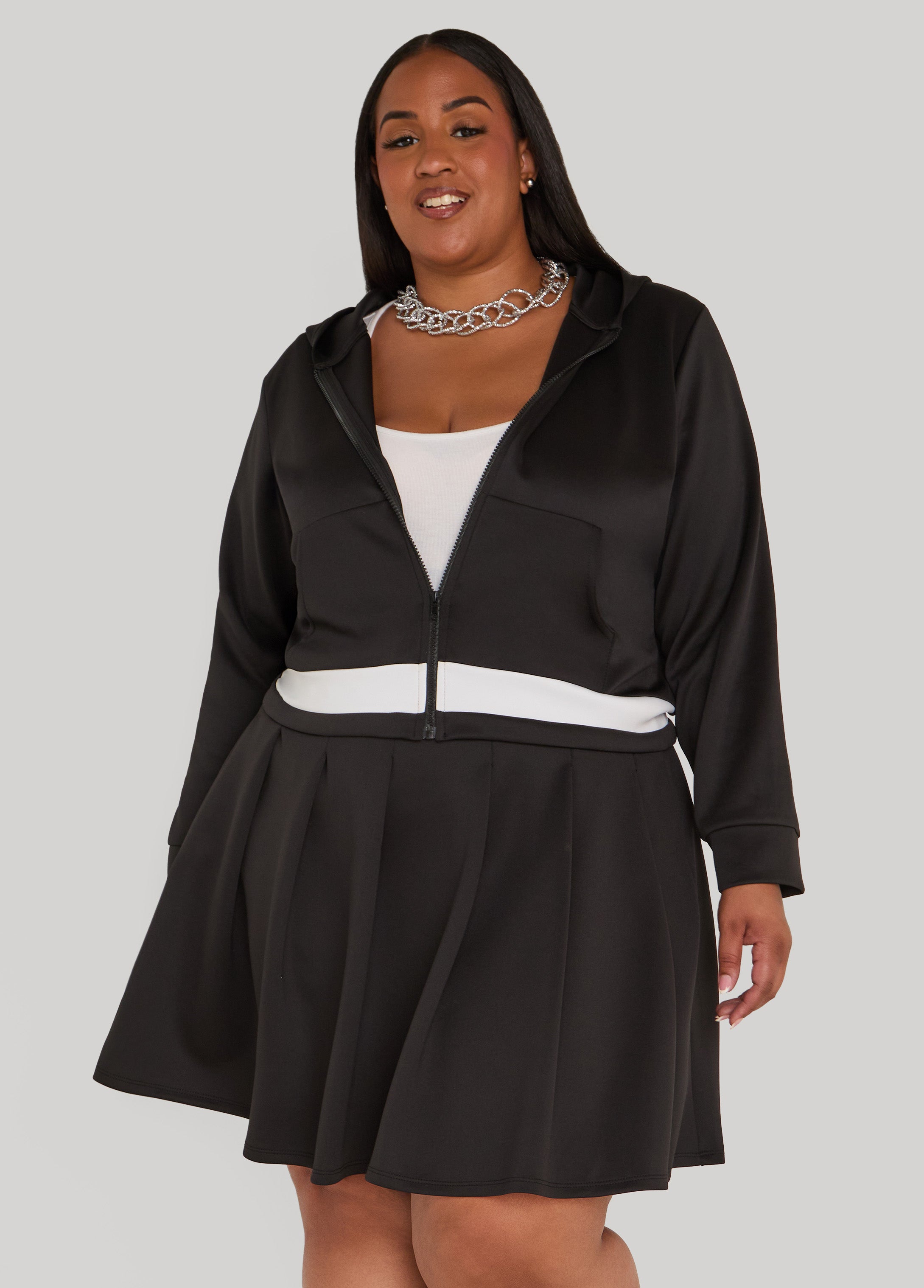 Plus Size Striped Zip Front Hoodie, Black, 14/16 - Ashley Stewart