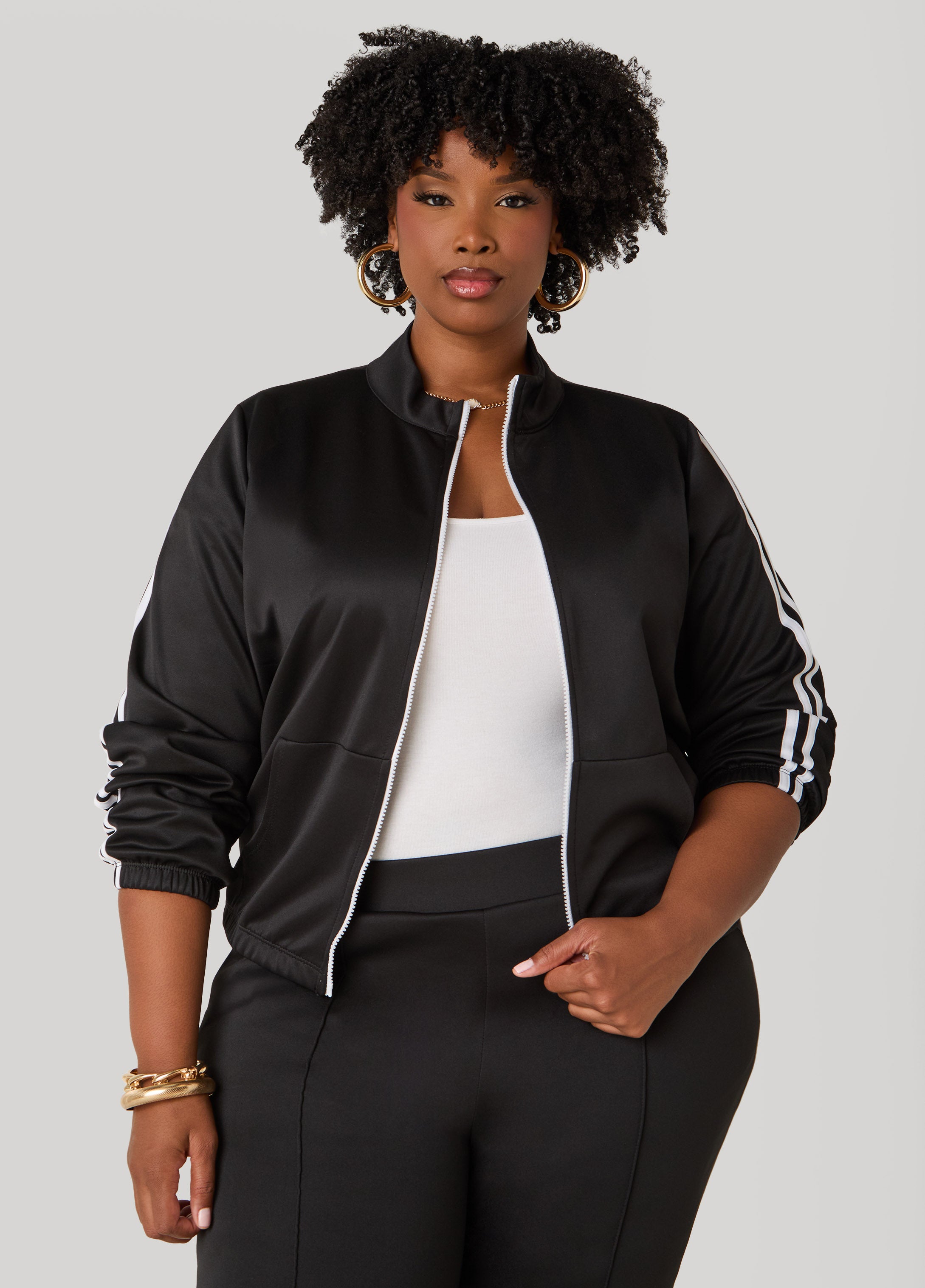 Plus Size Striped Zip Front Jacket, Black, 22/24 - Ashley Stewart