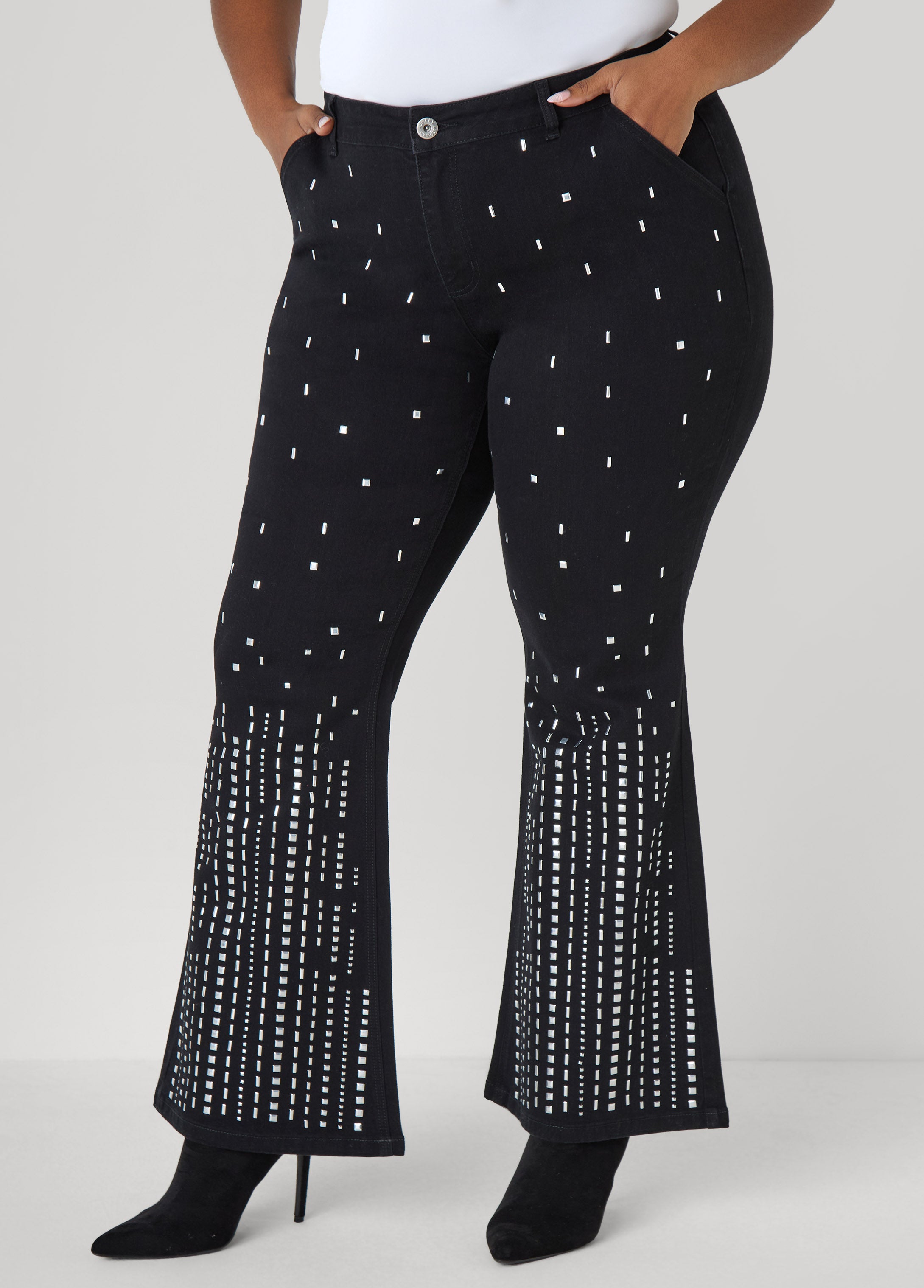 Plus Size Studded Flared Jeans, Black, 14 - Ashley Stewart