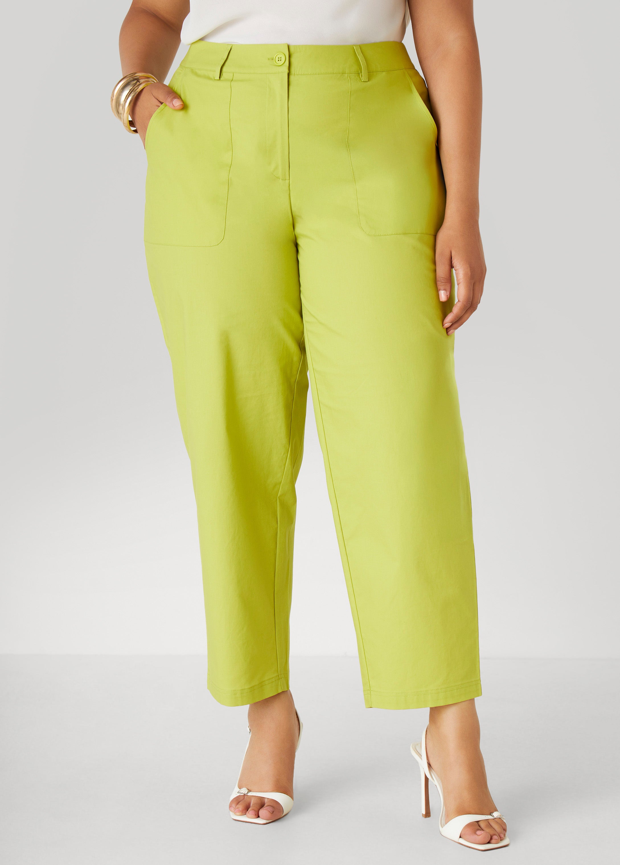 Plus Size Tapered Stretch Cotton Pants, Dark Citron, 16 - Ashley Stewart