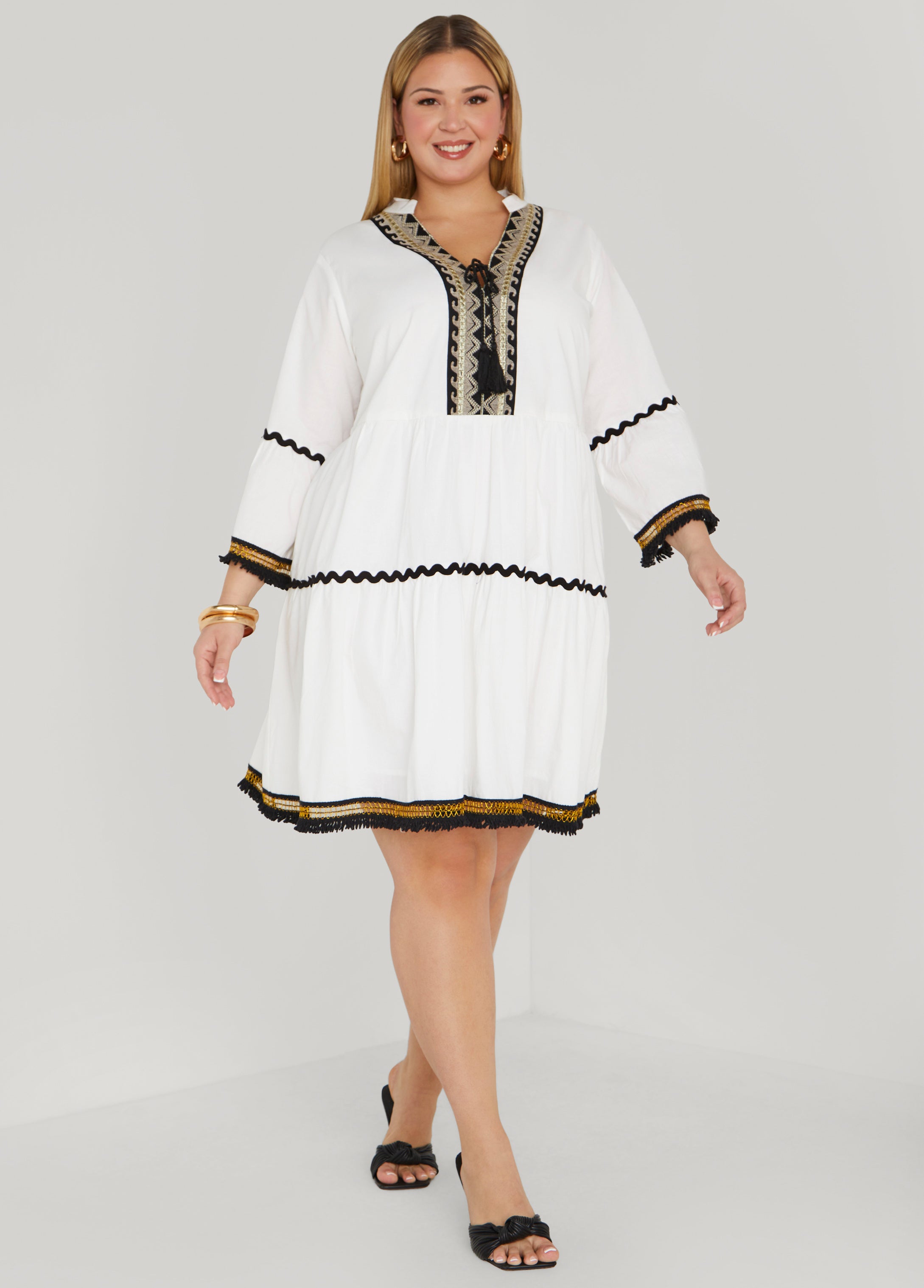 Plus Size Tasseled Cotton Swing Dress, White Black, 14/16 - Ashley Stewart
