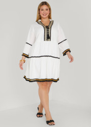 Plus Size Tasseled Cotton Swing Dress, White Black, 14/16 - Ashley Stewart