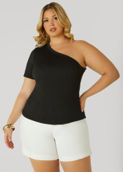 Plus Size Textured One Shoulder Top, Black, 22/24 - Ashley Stewart