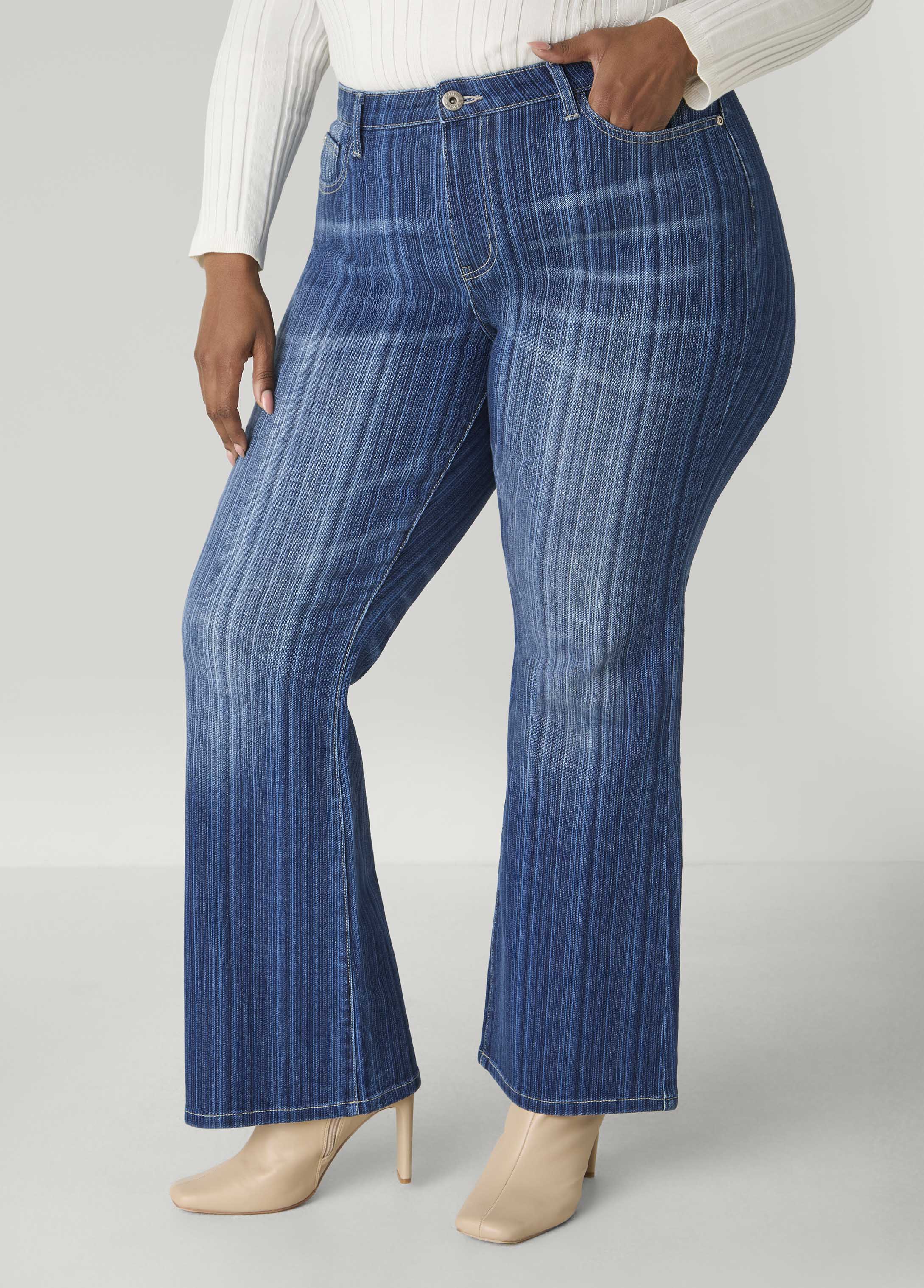 Plus Size Textured Striped Flared Jeans, Medium Blue, 24 - Ashley Stewart