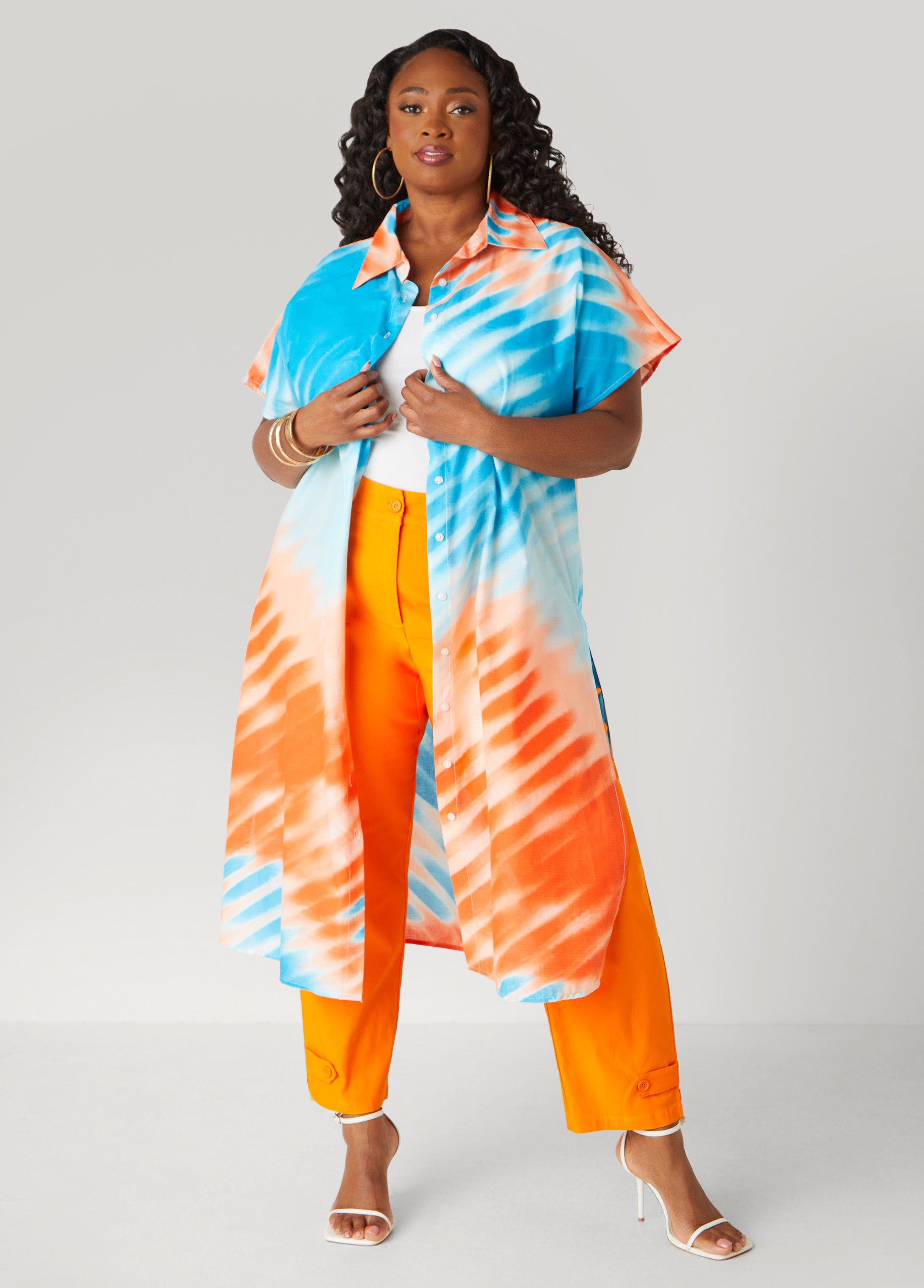 Plus Size Tie Dyed Cotton Duster Shirt, Multi, 26/28 - Ashley Stewart