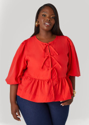 Plus Size Tie Front Peplum Top, White, 1X - Ashley Stewart
