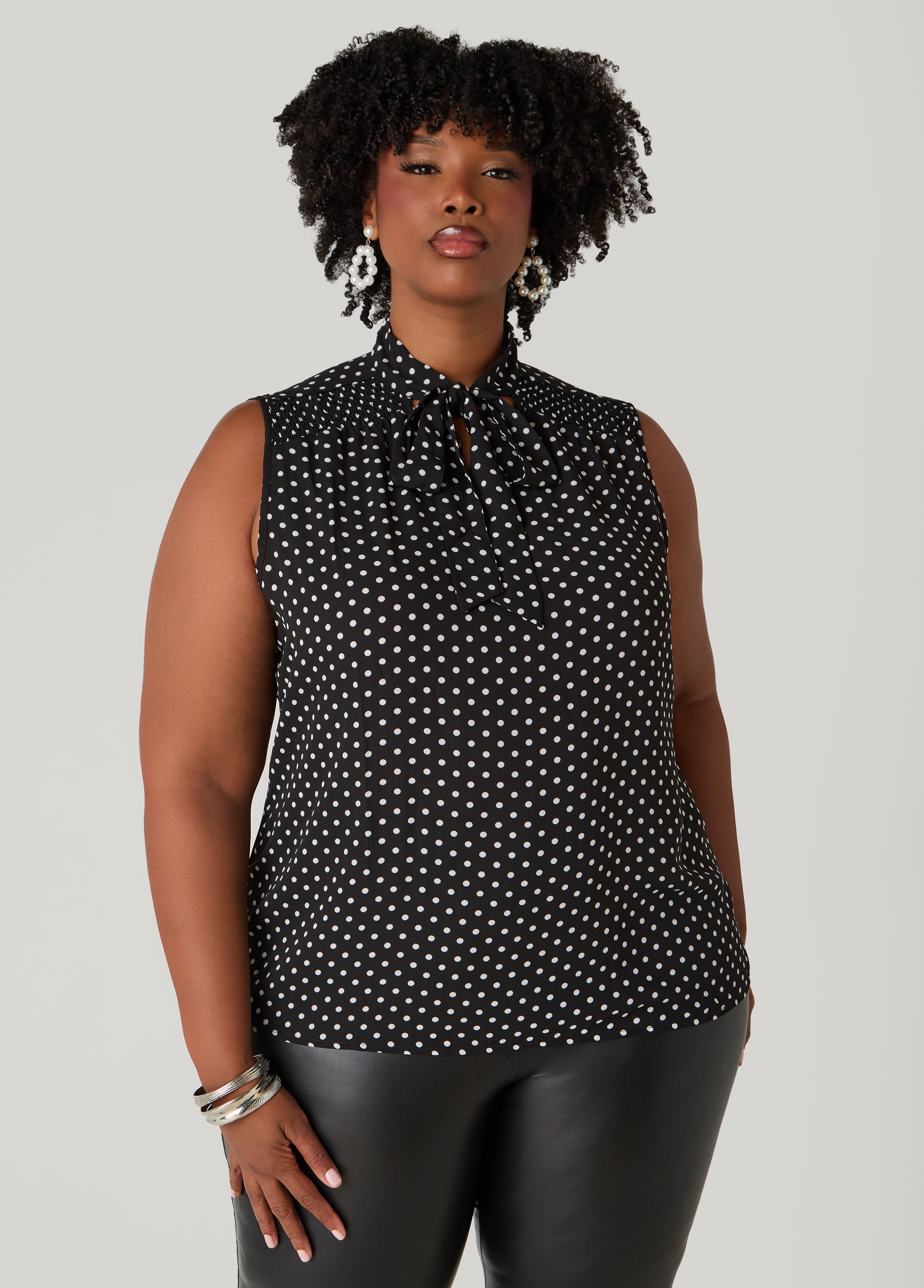 Plus Size Tie Neck Polka Dot Blouse, Black White, 2X - Ashley Stewart