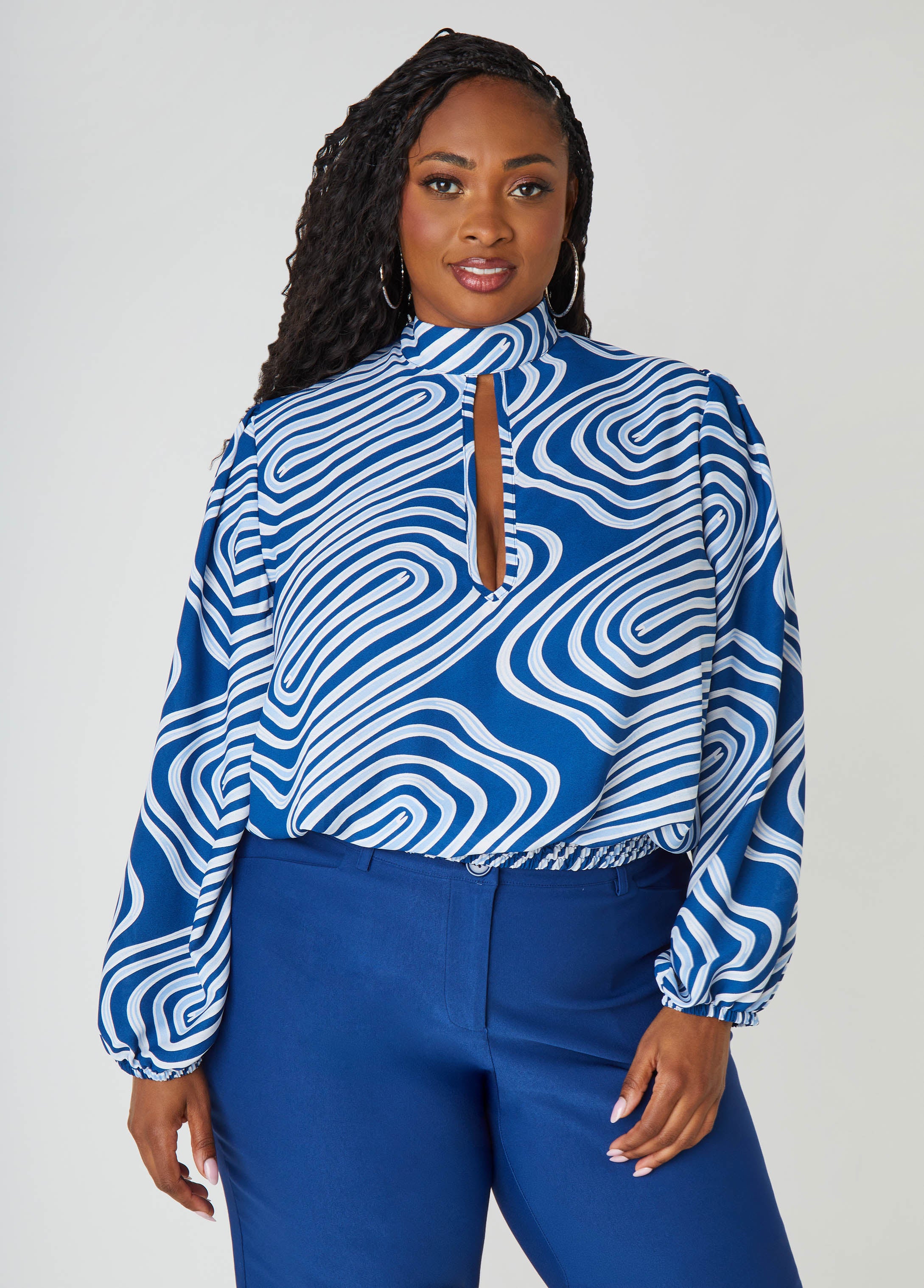 Plus Size Tie Neck Wavy Print Blouse, Navy Peony, 18/20 - Ashley Stewart