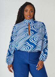 Plus Size Tie Neck Wavy Print Blouse, Navy Peony, 18/20 - Ashley Stewart