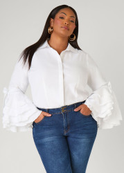 Plus Size Tiered Sleeve Cotton Blend Shirt, White, 26 - Ashley Stewart
