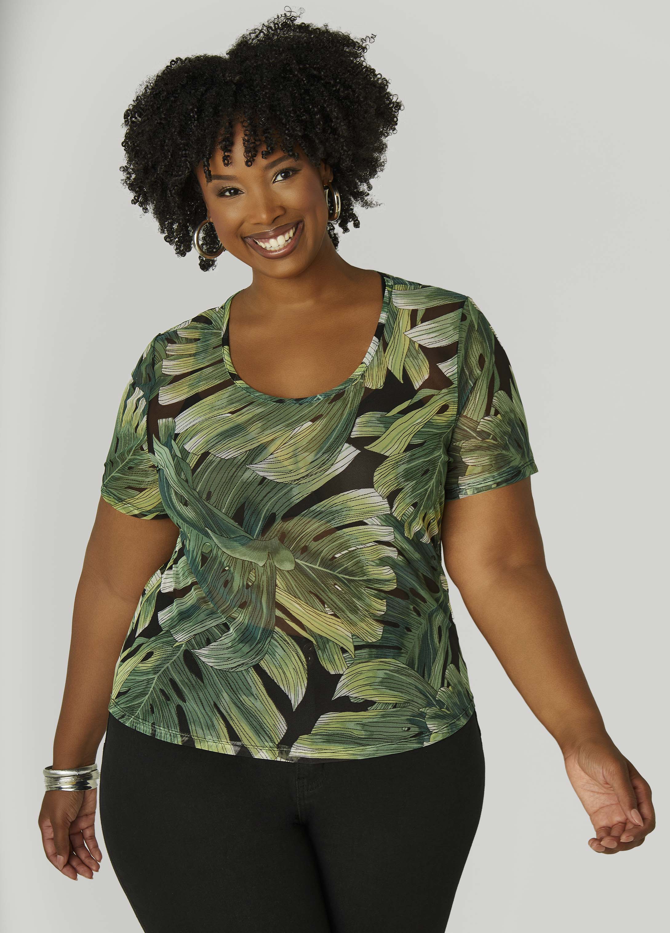 Plus Size Tropical Print Mesh Tee, Black, 30/32 - Ashley Stewart