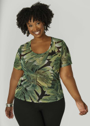 Plus Size Tropical Print Mesh Tee, Black, 30/32 - Ashley Stewart