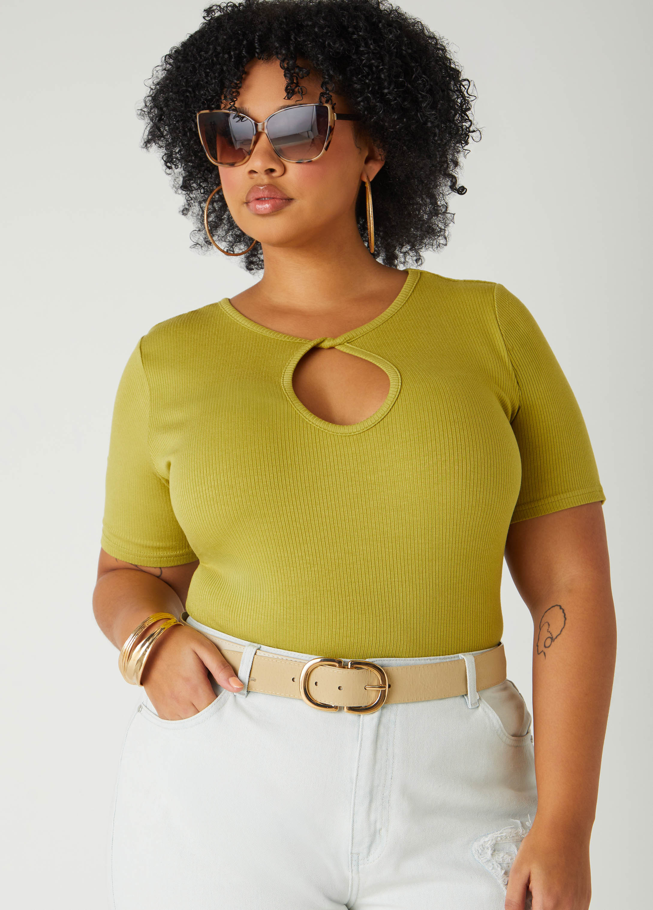 Plus Size Twisted Keyhole Ribbed Top, MOSS, 30/32 - Ashley Stewart