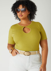 Plus Size Twisted Keyhole Ribbed Top, MOSS, 30/32 - Ashley Stewart