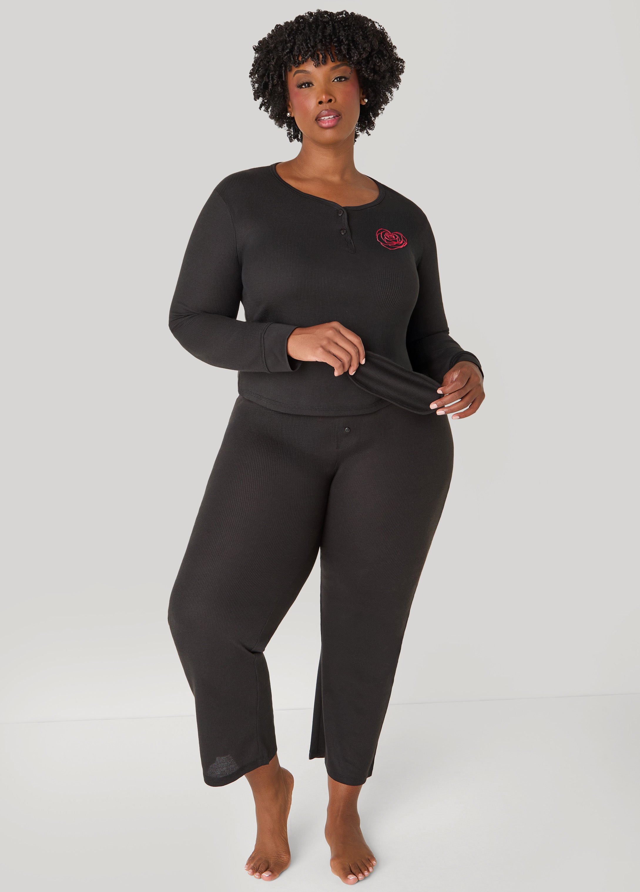 Plus Size UnBearably Cute Rose Pajama Set, Black, 2X - Ashley Stewart