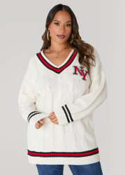 Plus Size V Neck Varsity Sweater, White, 14/16 - Ashley Stewart