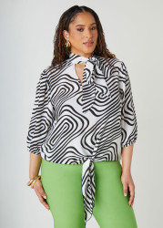 Plus Size Wavy Print Tie Neck Blouse, White Black, 22/24 - Ashley Stewart