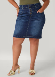 Plus Size Whiskered Denim Pencil Skirt, Dk Wash, 1X - Ashley Stewart