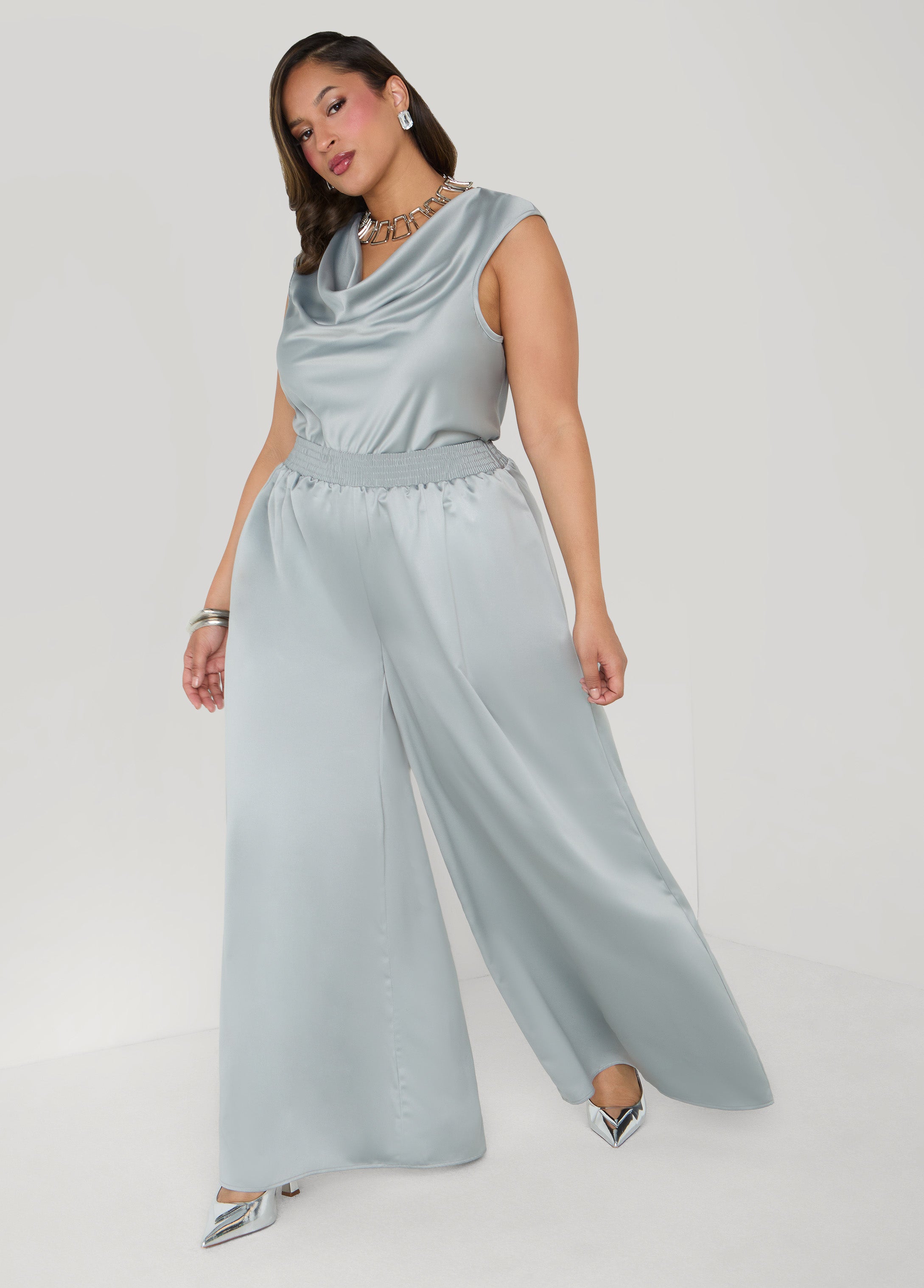 Plus Size Wide Leg Satin Pants, Iced Coffee, 34/36 - Ashley Stewart