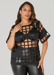 Plus Size Windowpane Cutout Top, Black, 14/16 - Ashley Stewart