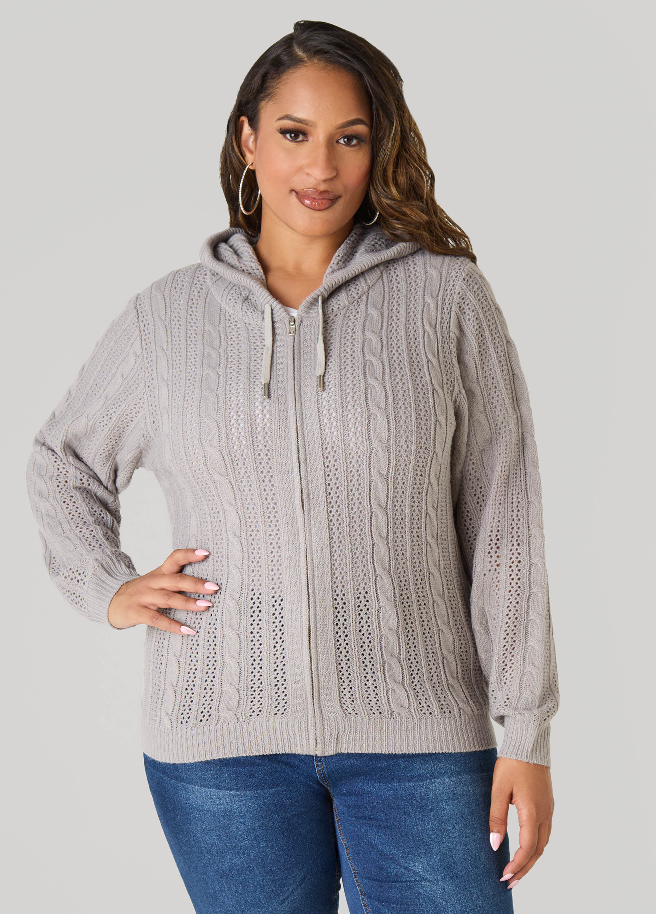 Plus Size Zip Front Cable Knit Hoodie, Alloy, 22/24 - Ashley Stewart