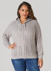 Plus Size Zip Front Cable Knit Hoodie, Alloy, 22/24 - Ashley Stewart