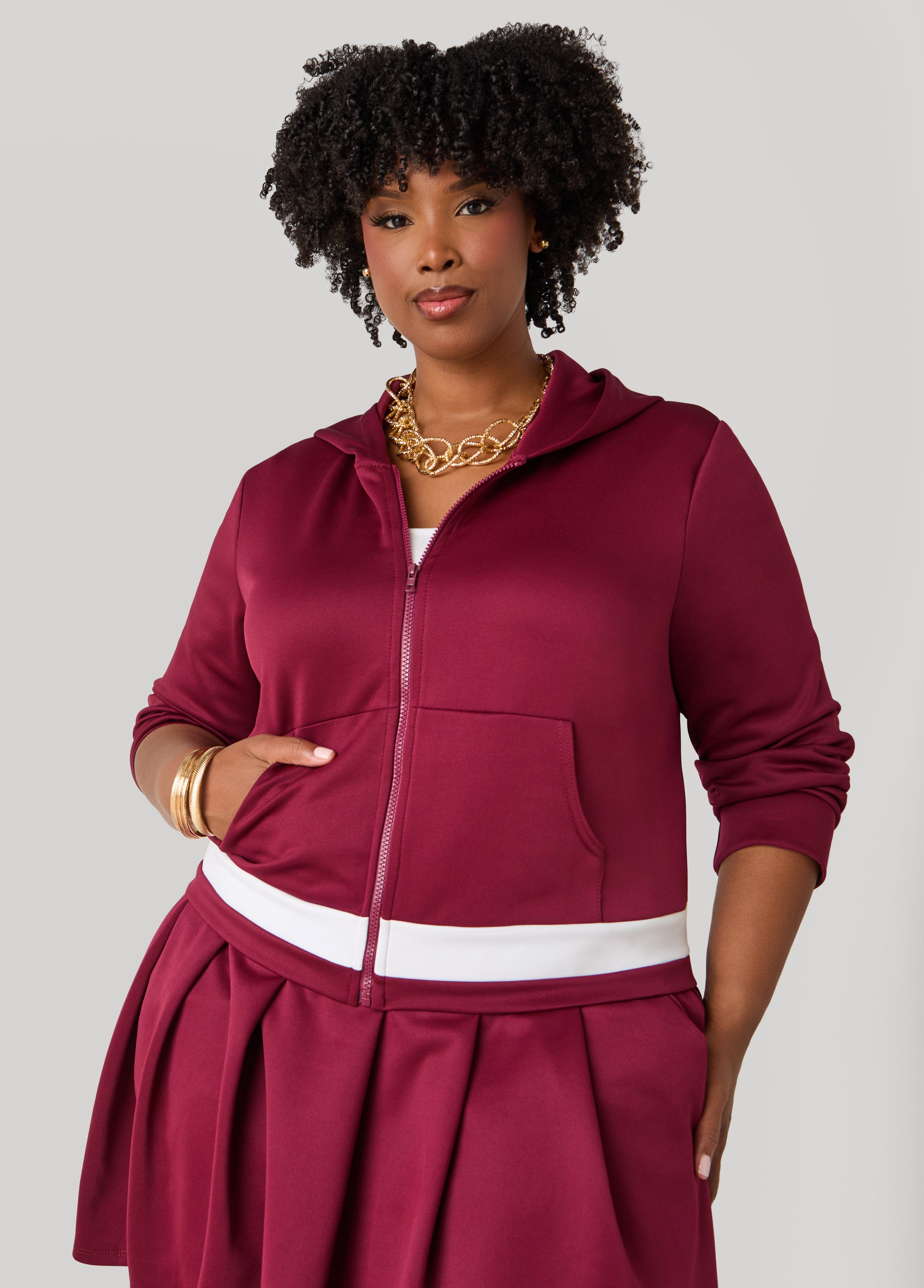 Plus Size Zip Front Striped Hoodie, BIKING RED, 26/28 - Ashley Stewart