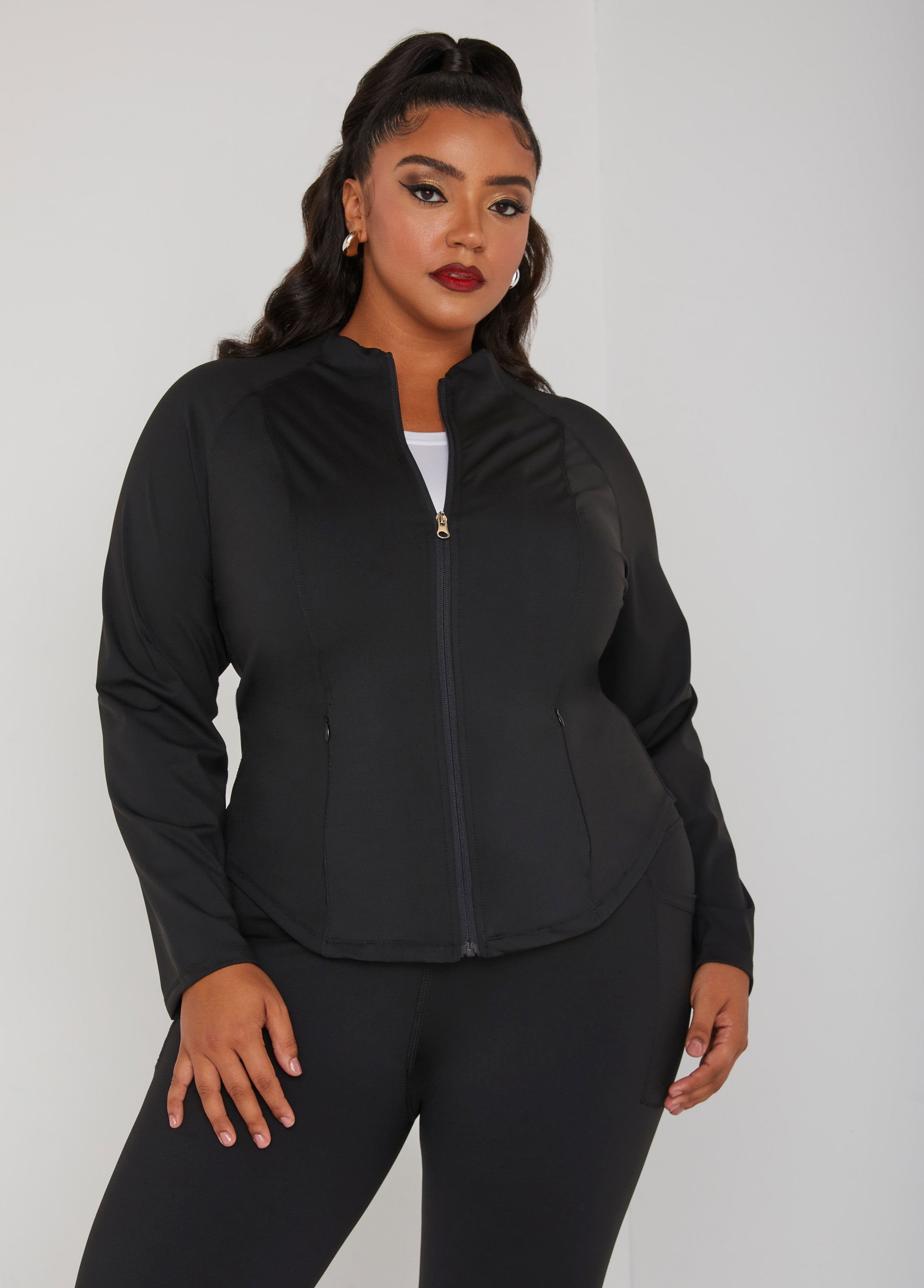 Plus Size Zipped Knit Athletic Jacket, Black, 14/16 - Ashley Stewart