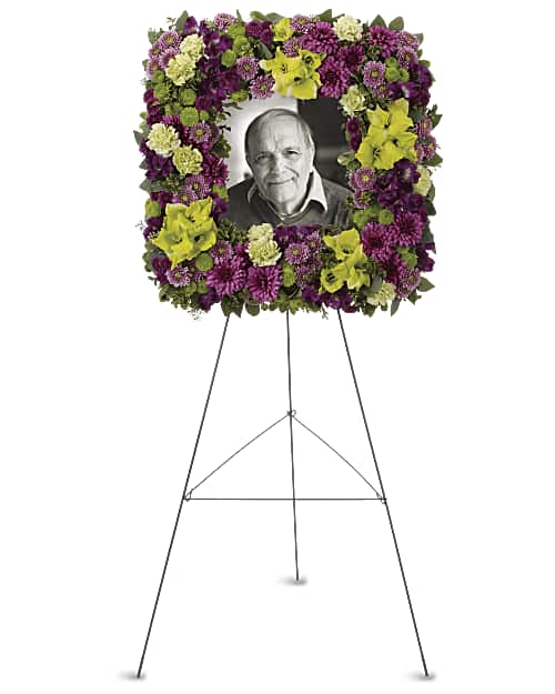 Purple | Mixed Bouquets | Mosaic Of Memories Square Easel Wreath | Same Day Flower Delivery by Teleflora