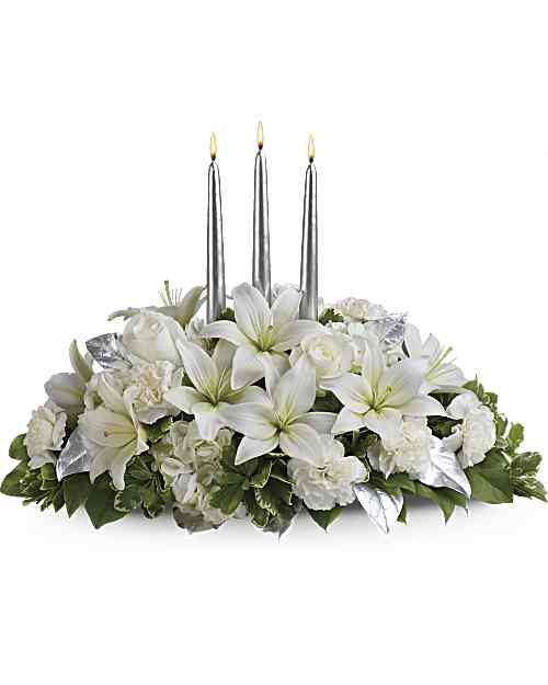 White | Mixed Bouquets | Silver Elegance Centerpiece | Same Day Flower Delivery by Teleflora