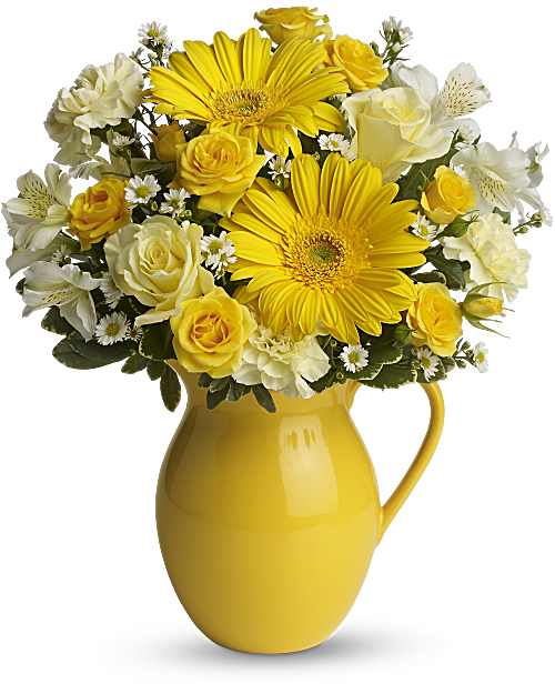 Yellow | Mixed Bouquets | Sunny Day Pitcher Of Cheer Bouquet | Same Day Flower Delivery by Teleflora