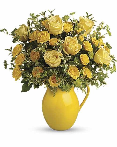 Yellow | Sunny Day Pitcher Of Roses Bouquet | Same Day Flower Delivery by Teleflora
