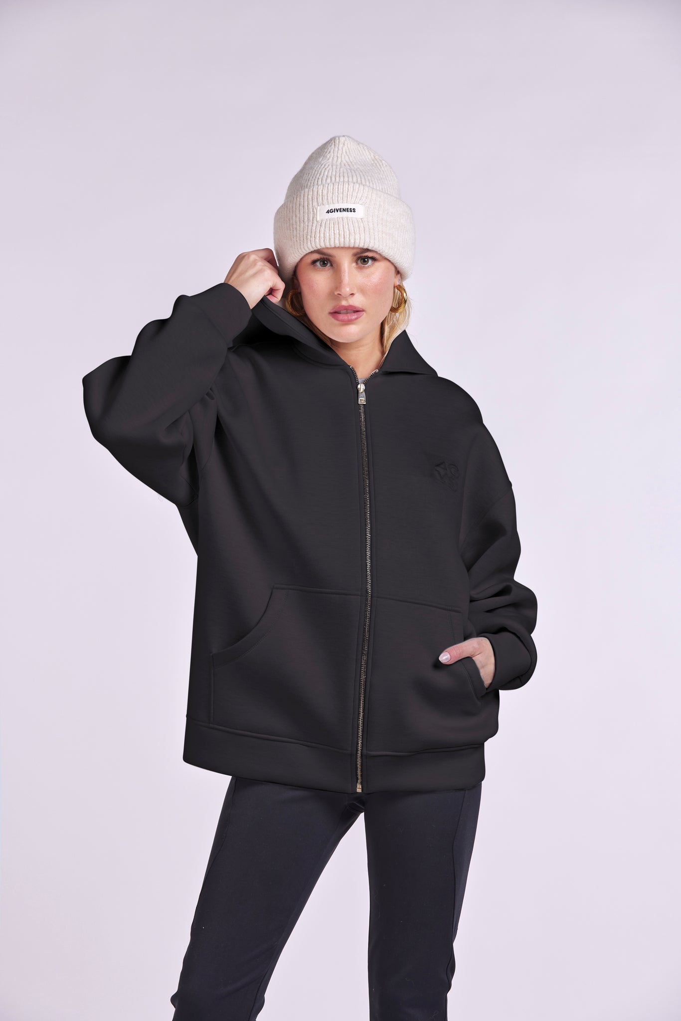 Zip jacket with hood and "4GVS" logo baby carrier